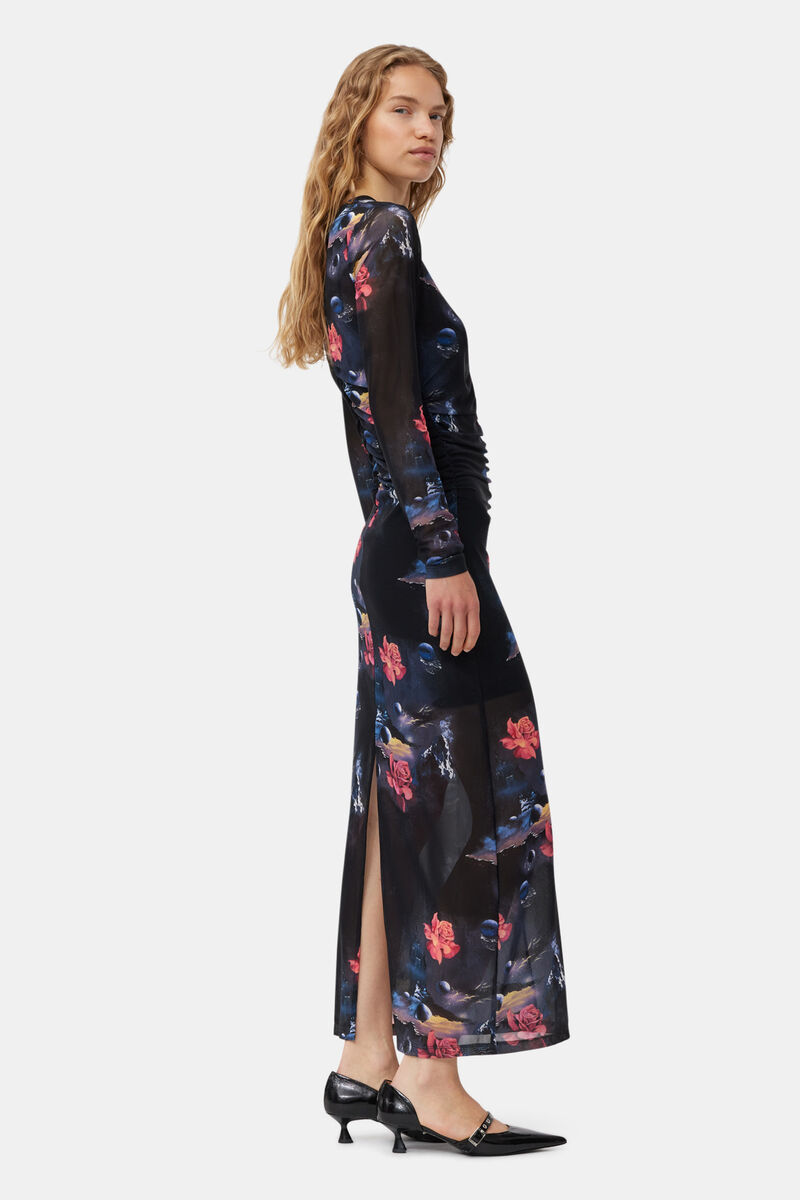 Black Printed Mesh O-neck Ruched Long Kleid | GANNI DE