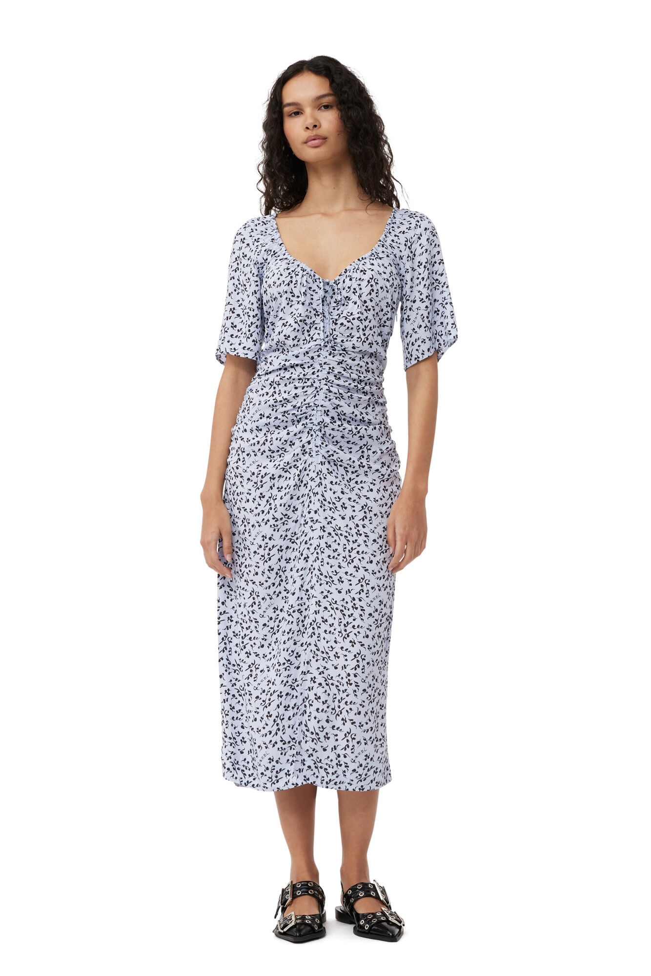 Printed Crepe U-neck Midi Dress, LENZING™ ECOVERO™, in colour Heather - 1 - GANNI