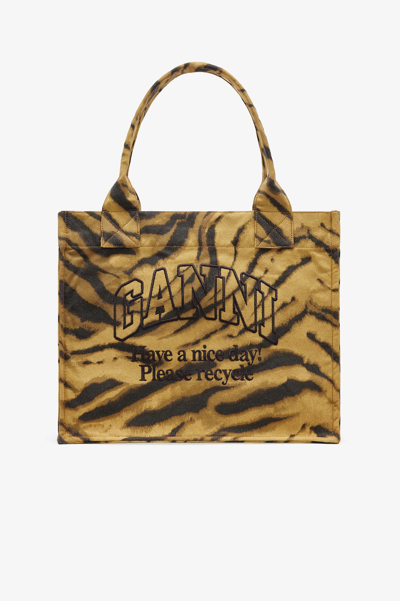 Zebra Print Large Tote, Recycled Cotton, in colour Khaki - 1 - GANNI