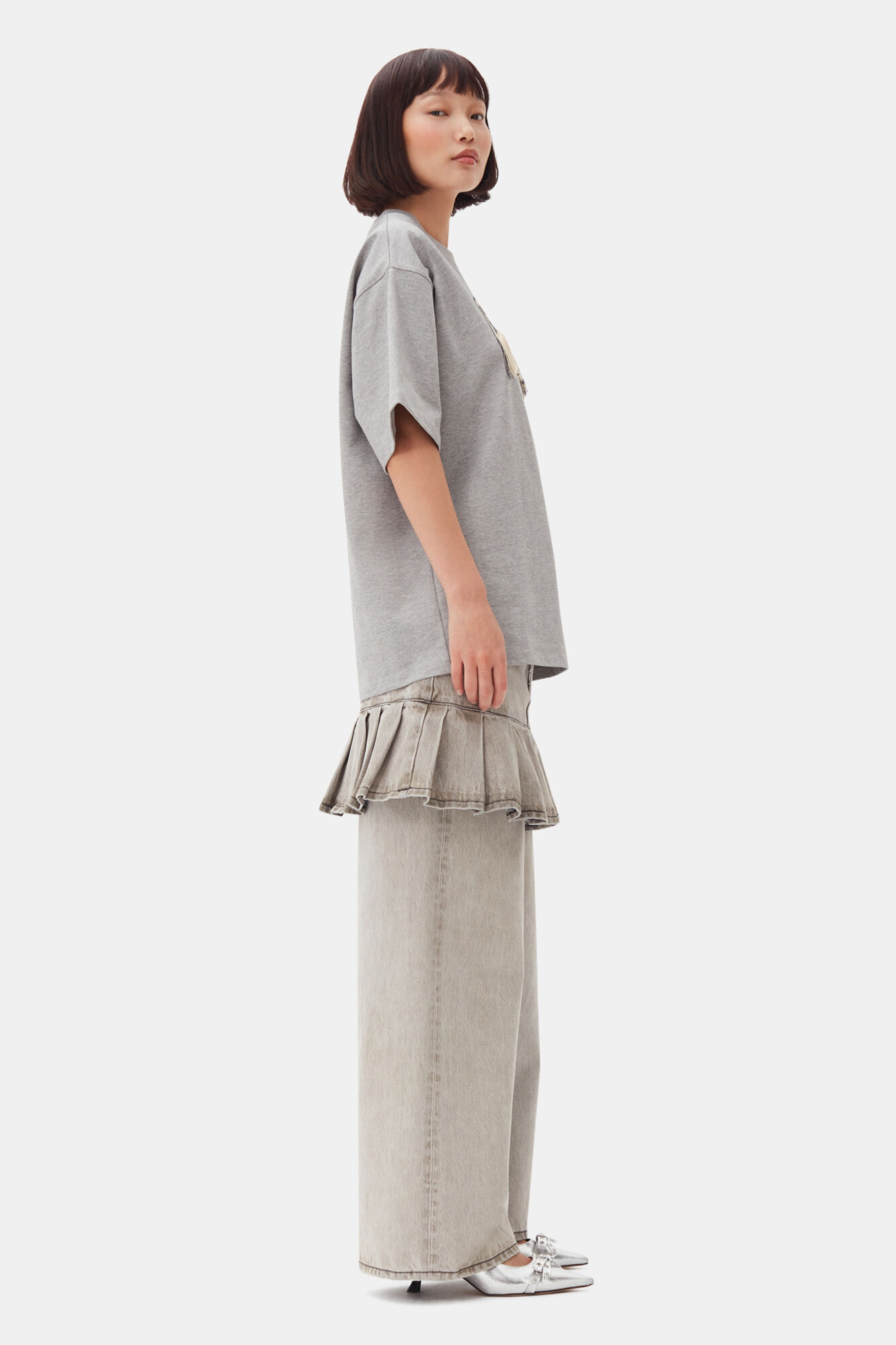 Grey Heavy Cotton Drop Shoulder Fringe T-shirt, Cotton, in colour Paloma Melange - 3 - GANNI