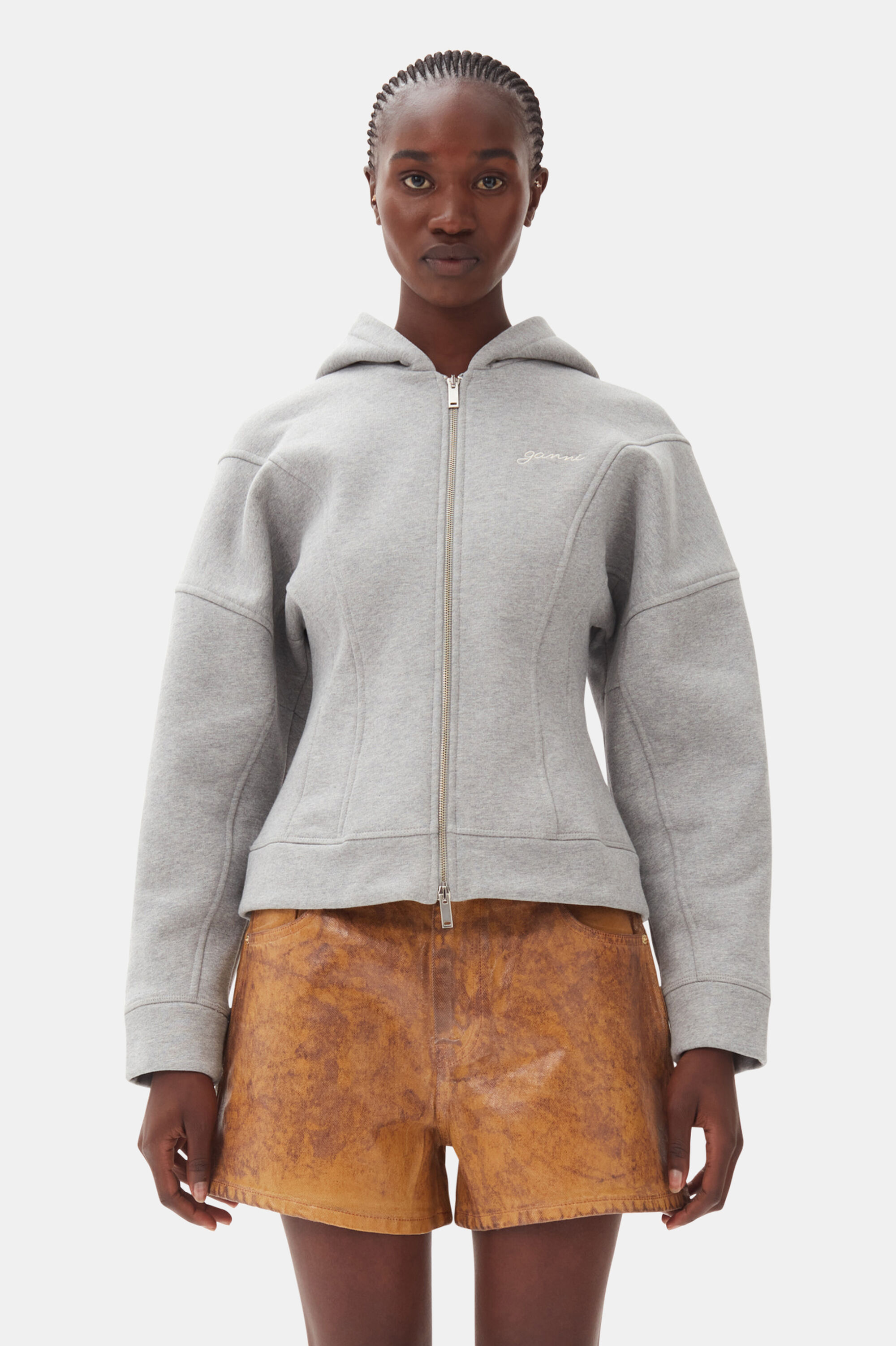 Paloma Melange Grey Fleece Zip Hoodie | GANNI US