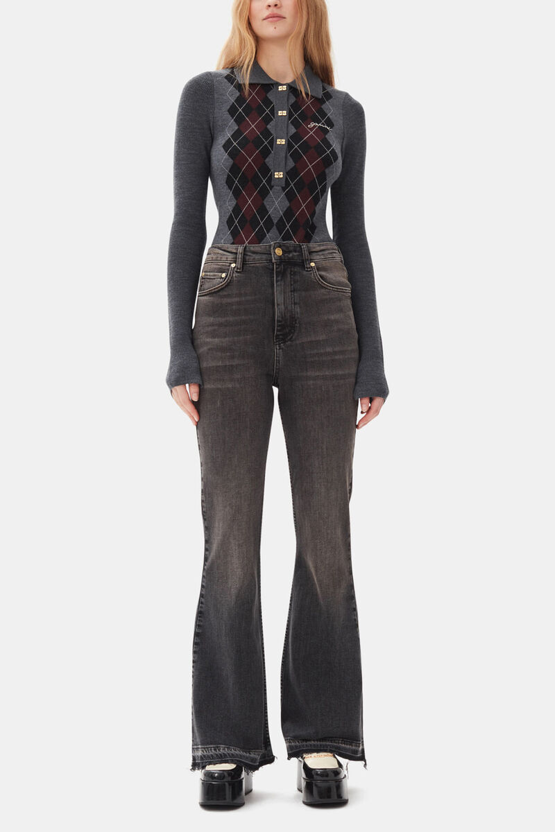 Grey Knitted Polo Shirt, Merino Wool, in colour Frost Gray - 2 - GANNI