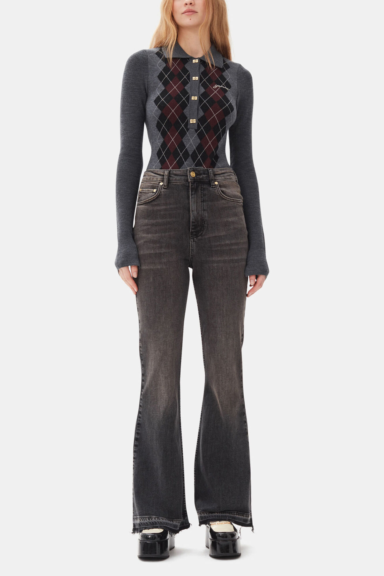 Grey Knitted Polo Shirt, Merino Wool, in colour Frost Gray - 2 - GANNI