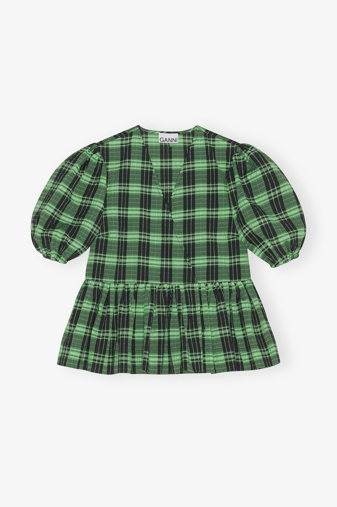 Green Seersucker Check Wrap Blouse, Organic Cotton, in colour Peapod - 3 - GANNI