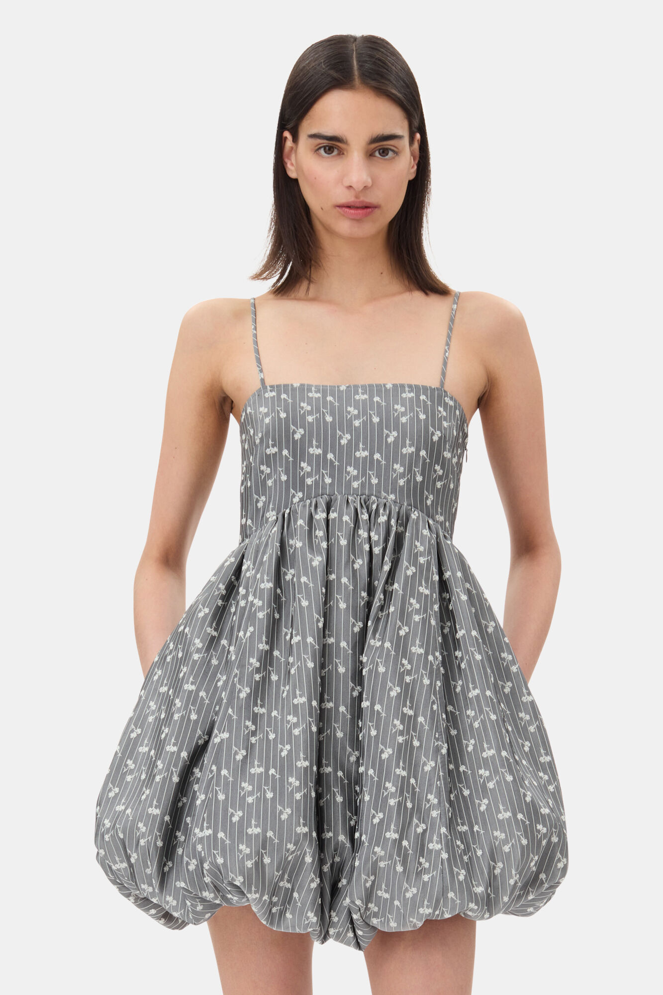 Grey Jacquard Strap Mini Dress, Acetate, in colour Smoked Pearl - 2 - GANNI