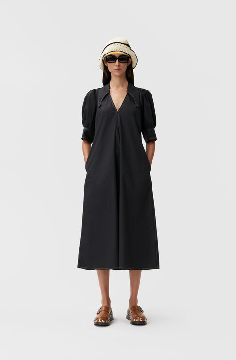Shop Ganni Cotton Poplin Collar Midi Dress In Black