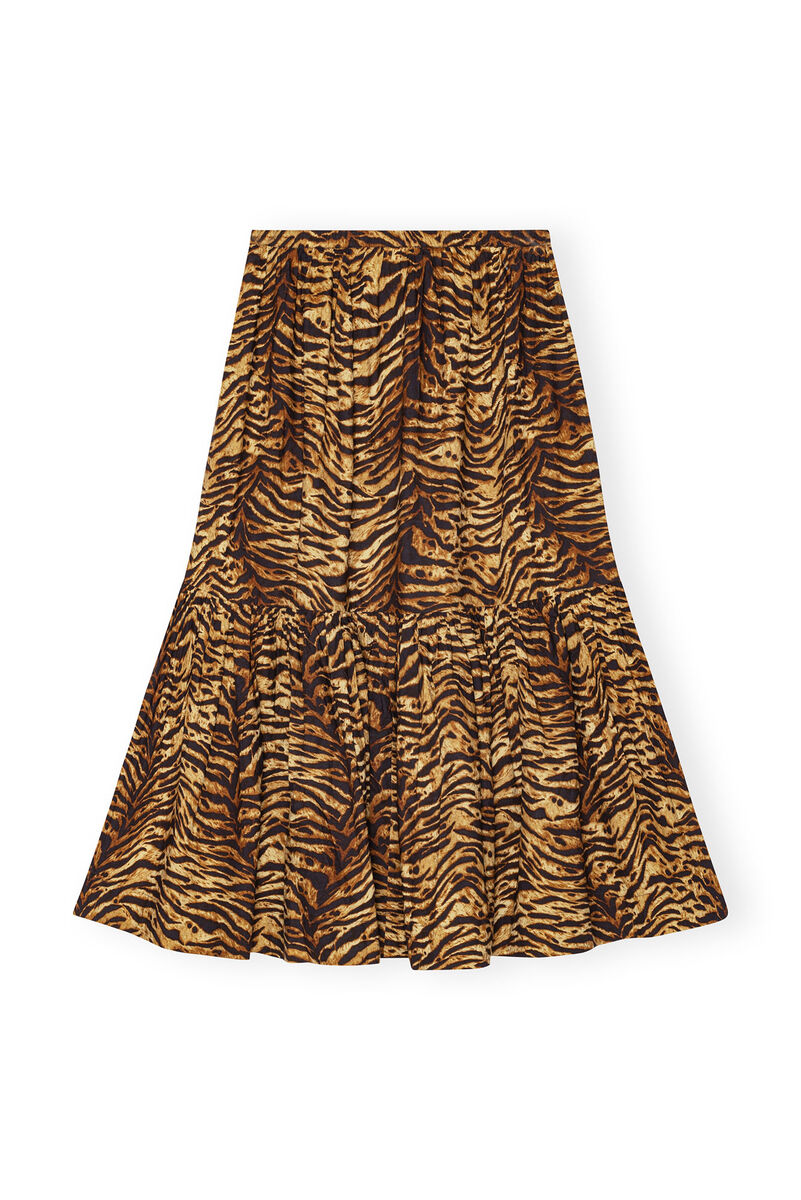 Animal Printed Cotton Maxi Flounce Skirt, Cotton, in colour Ochre - 2 - GANNI