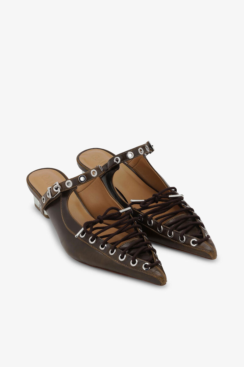 Lace-Up Mules in Dark-Olive Oleatex, Polyurethane, in colour Dark Olive - 3 - GANNI