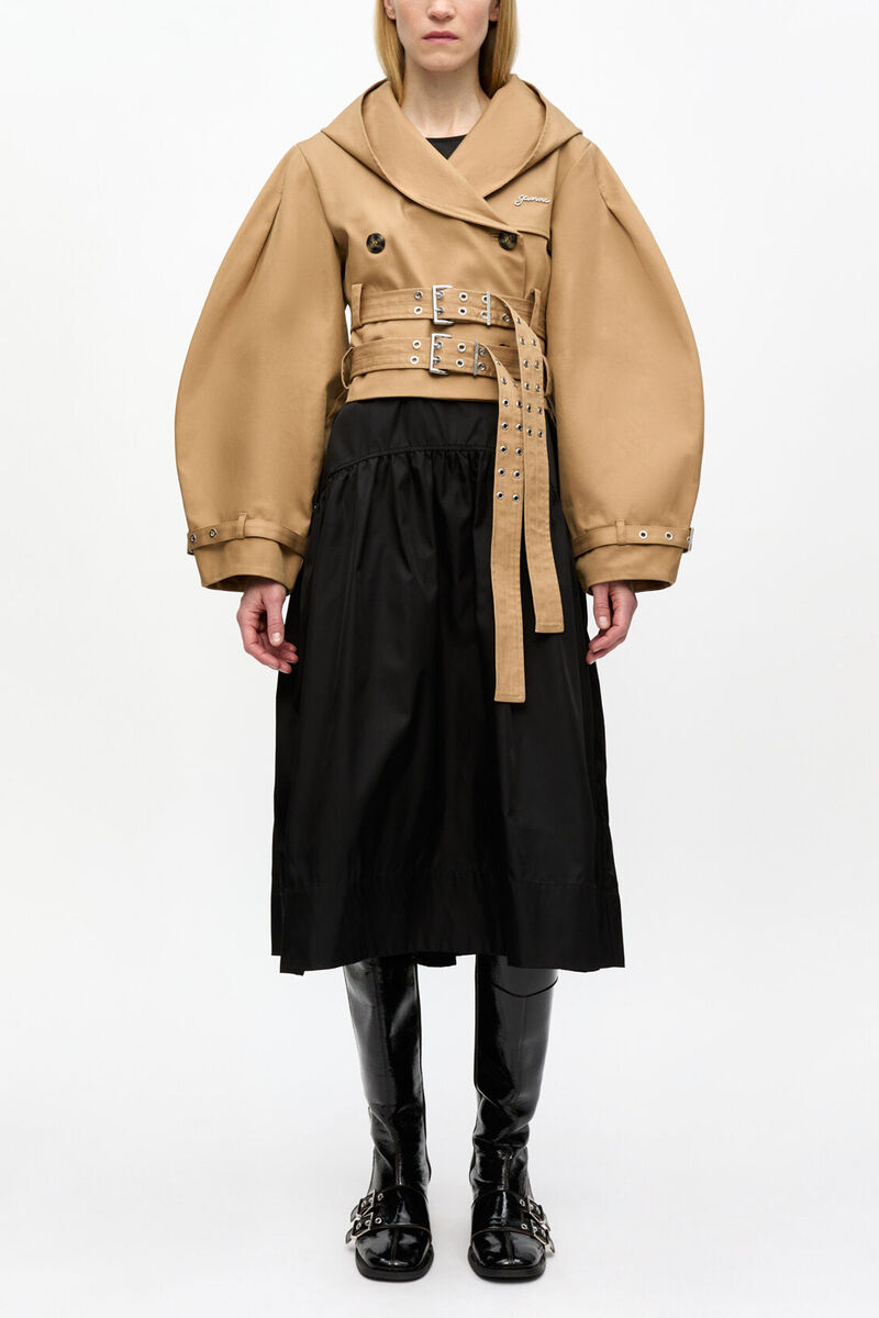 Camel Bonded Cotton Short Trench Jacket, Organic Cotton, in colour Tiger's Eye - 2 - GANNI