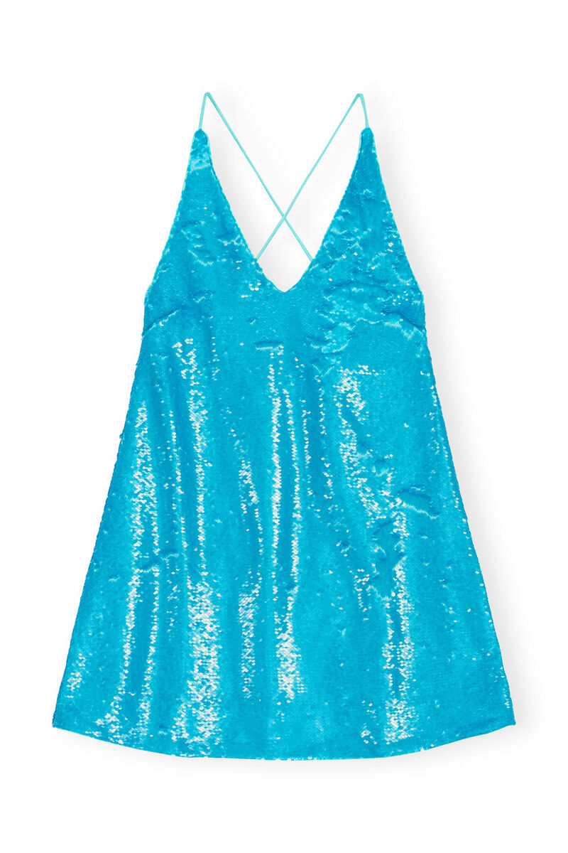 Blue Sequins Strap Mini Dress, Recycled Polyester, in colour Blue Curacao - 1 - GANNI