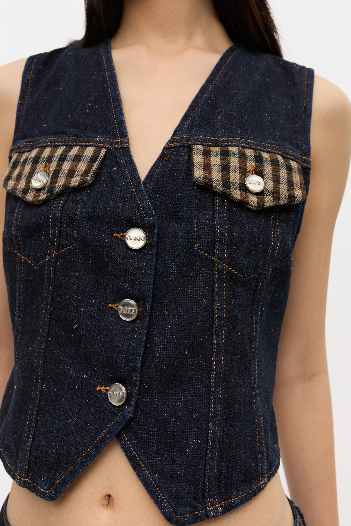 Neppy Denim Vest, Cotton, in colour Dark Blue Stone - 4 - GANNI