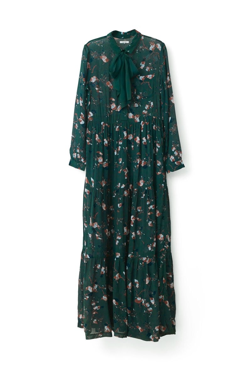 Marietta Georgette Maxi Dress, in colour Pine Grove Leaves - 1 - GANNI