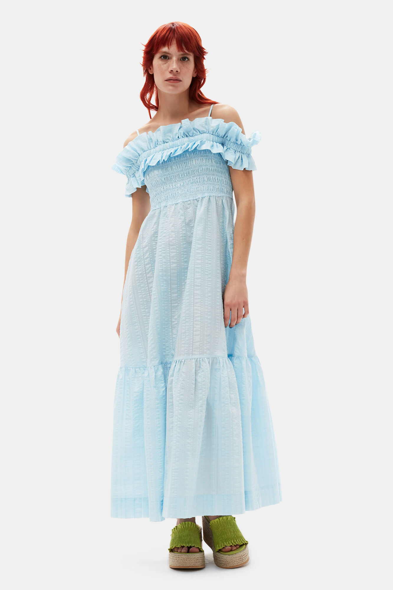 Seersucker Check Smock Maxi Dress, Elastane, in colour Ice Water - 1 - GANNI