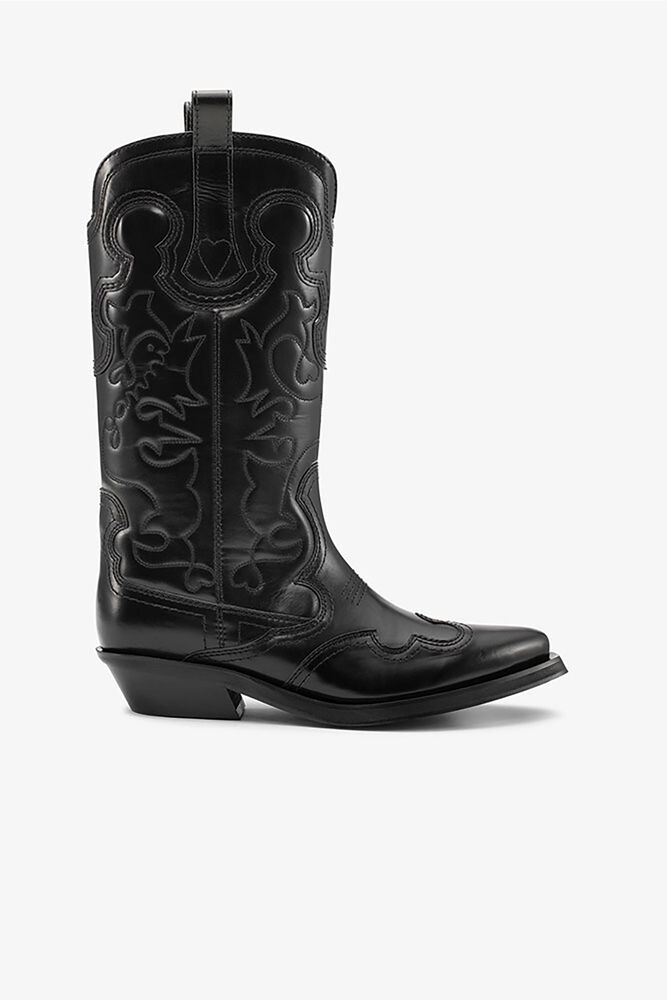 Mid Shaft Embroidered Western Boots in Black, Black/Black