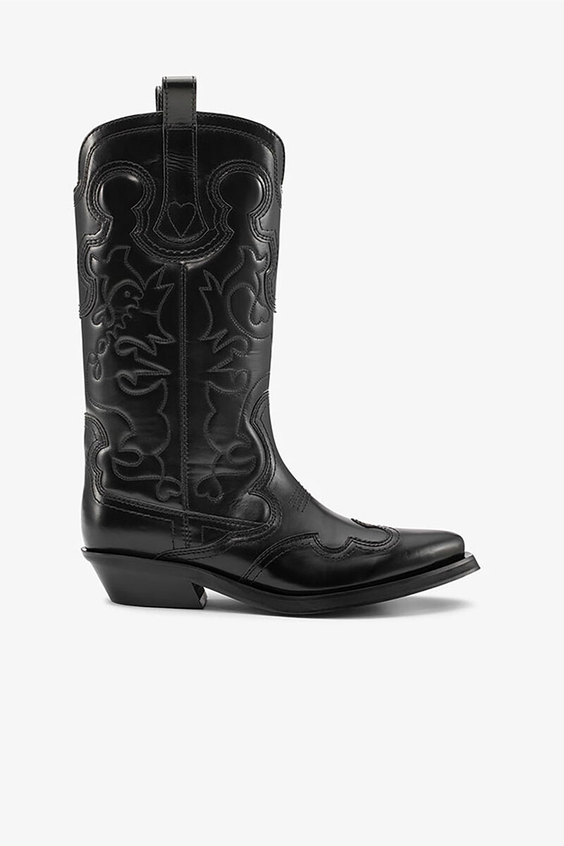 Bottes western mi-mollet brodées en noir, Polyurethane, in colour Black/Black - 1 - GANNI