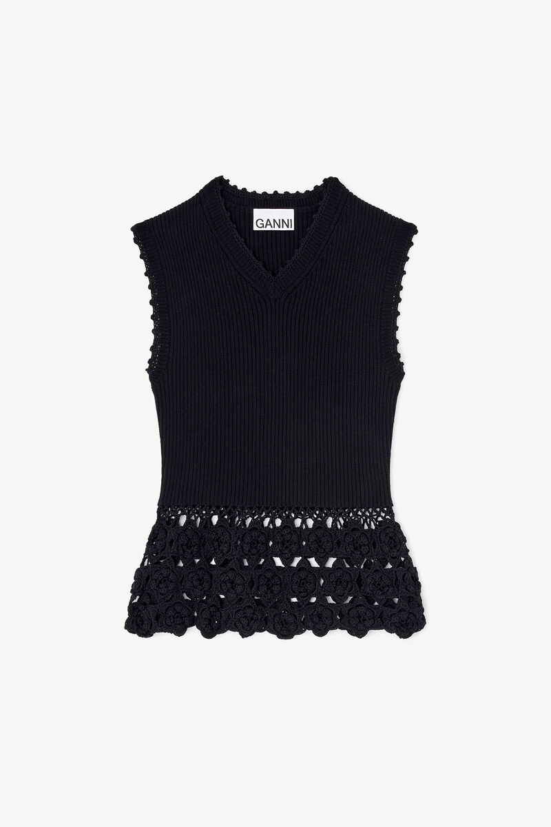 Vest in Cotton Crochet, Organic Cotton, in colour Black - 1 - GANNI