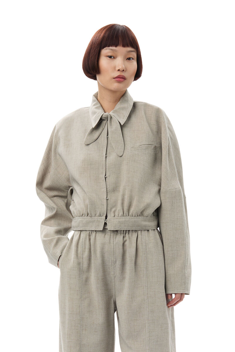 Grey Light Melange Suiting Short Jacke, Polyester, in colour Alfalfa - 1 - GANNI