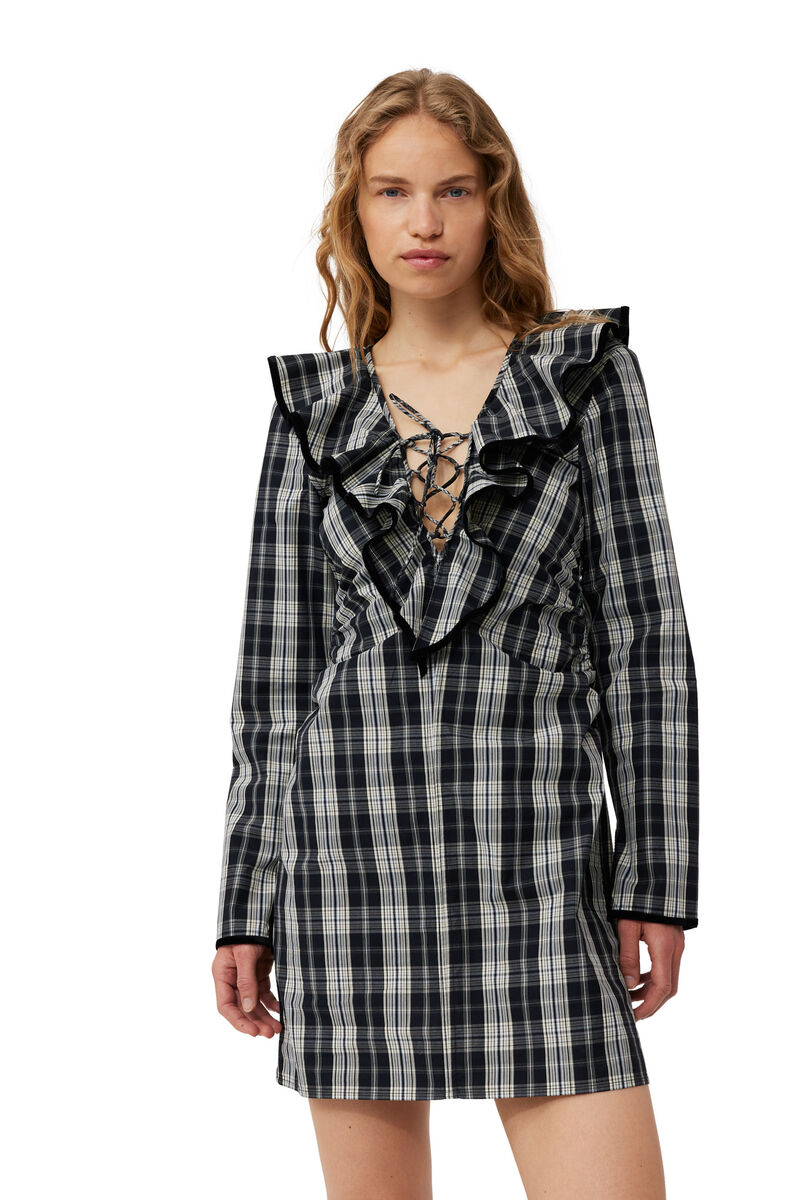 Checkered Cotton Ruffle V-neck Mini klänning, Cotton, in colour Black - 4 - GANNI
