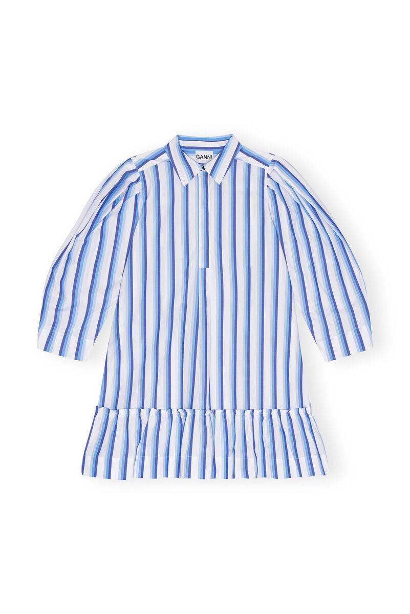 Blue Striped Cotton Mini Shirt-kjole, Cotton, in colour Silver Lake Blue - 1 - GANNI