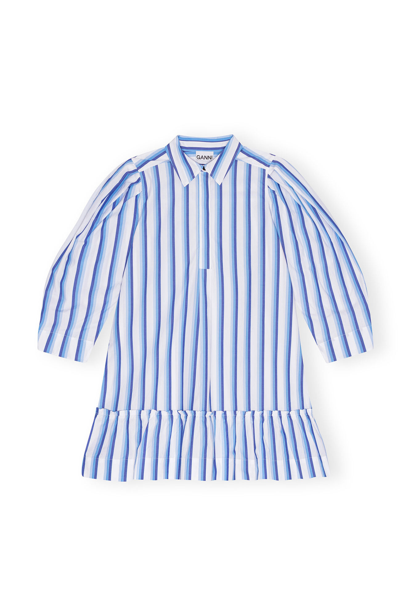 Blue Striped Cotton Mini Shirt Dress, Cotton, in colour Silver Lake Blue - 1 - GANNI