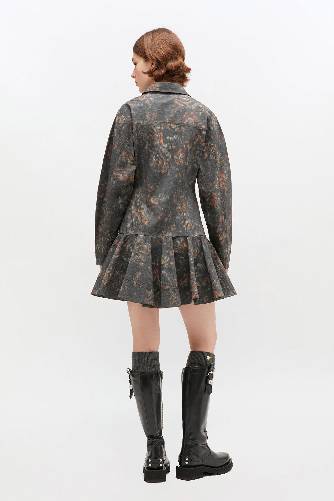 Black Floral Shirt Dress, Elastane, in colour Phantom - 2 - GANNI