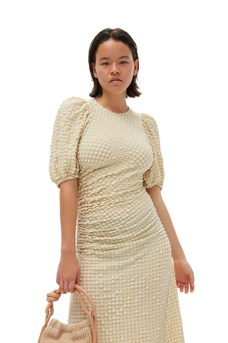 Seersucker Puff Sleeves Dress, Elastane, in colour Pale Khaki - 6 - GANNI