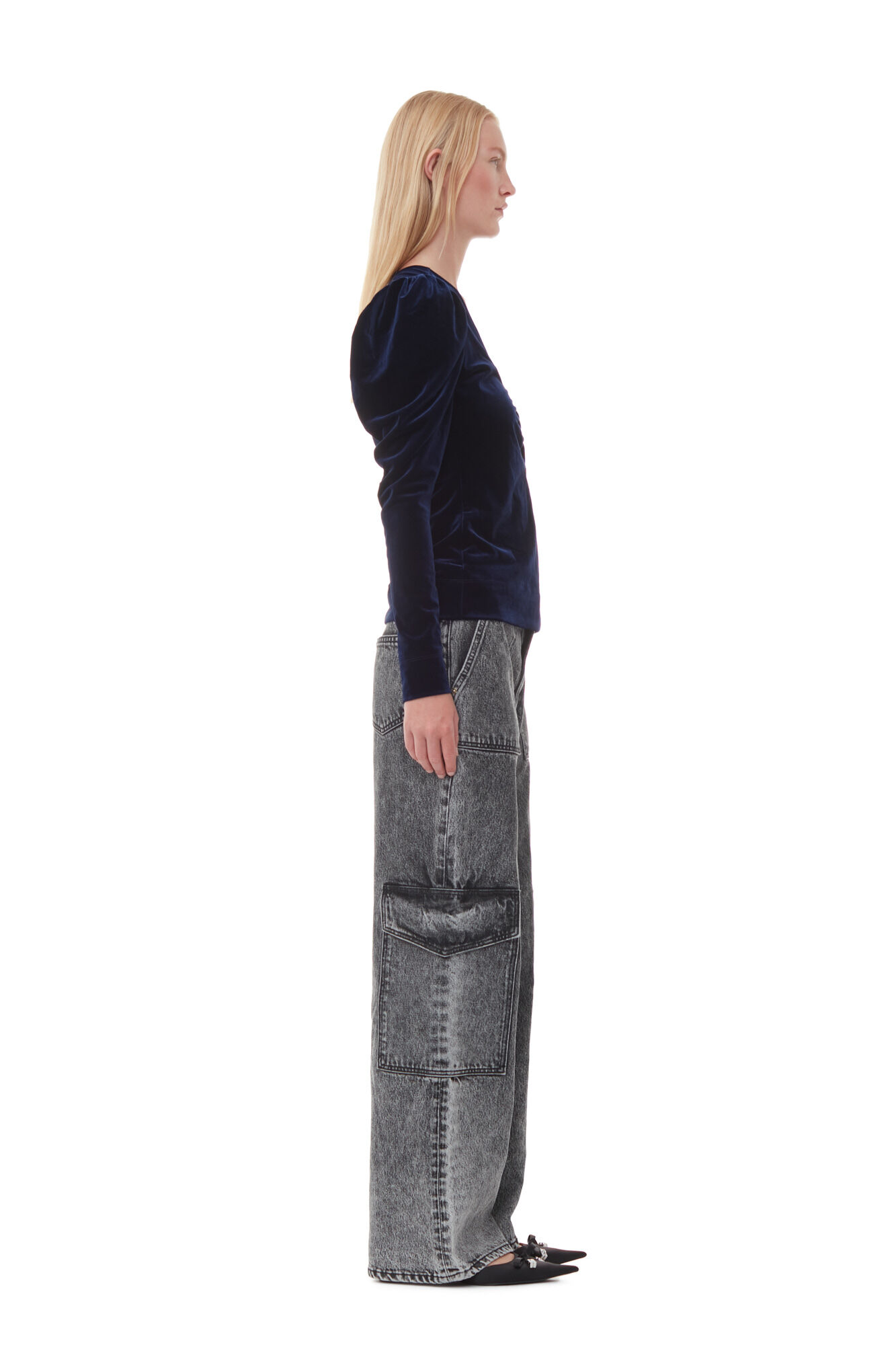 Blue Velvet Jersey V-neck Blouse, Recycled Polyester, in colour Total Eclipse - 3 - GANNI
