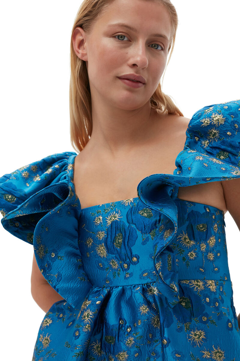 3D Jacquard Ruffle Midi Dress, Elastane, in colour Brilliant Blue - 4 - GANNI