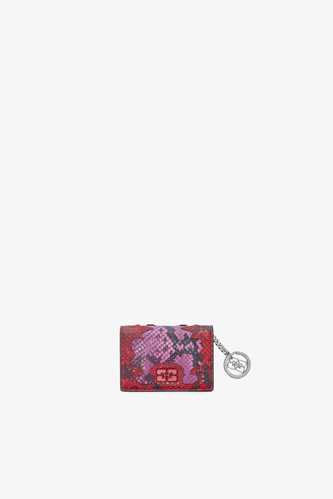 Bou Card Holder with Flap in Pink Snake, Raspberry Rose