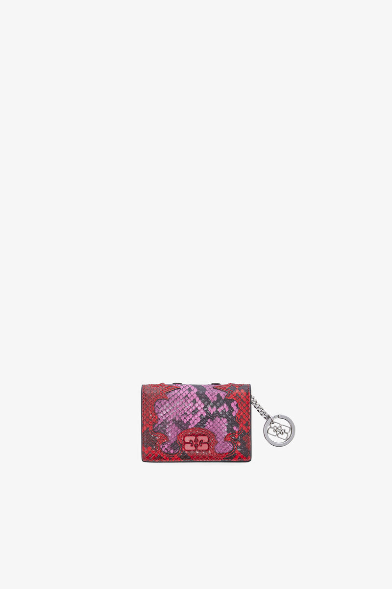 Bou Card Holder with Flap in Pink Snake, Recycled Polyester, in colour Raspberry Rose - 1 - GANNI