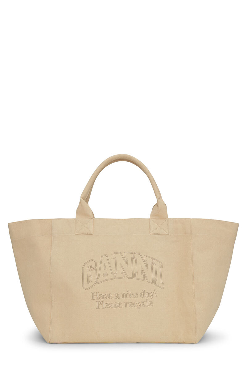 Cream Oversized Canvas Tote Bag, Recycled Cotton, in colour Almond Milk - 1 - GANNI