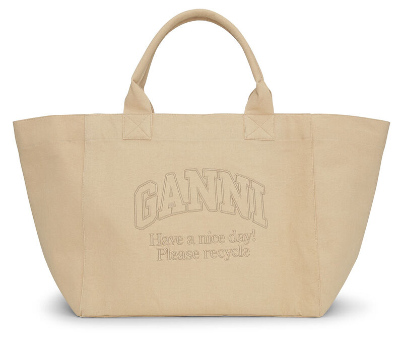 Cream Oversized Canvas Tote väska, Recycled Cotton, in colour Almond Milk - 1 - GANNI