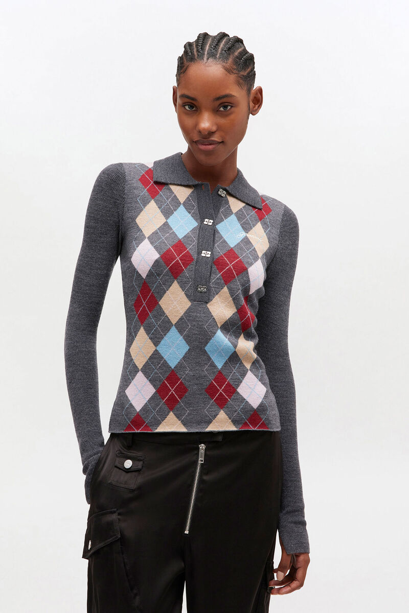 Dark Grey Knitted Polo Shirt, Merino Wool, in colour Paloma - 1 - GANNI