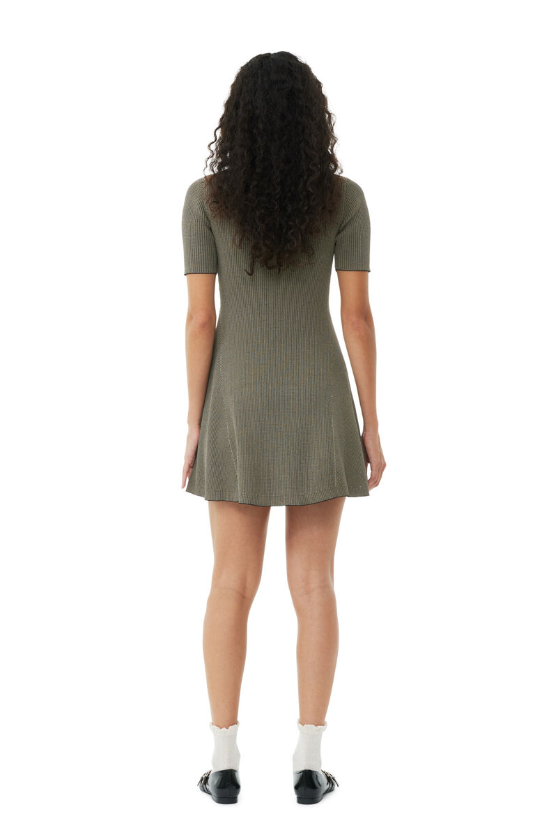 Brown Melange Knit Short Sleeve Mini Kleid, Elastane, in colour Safari - 4 - GANNI