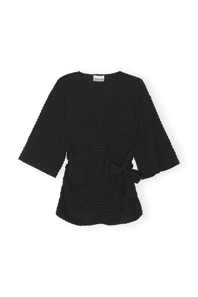 Black Stretch Seersucker Wrap Blouse, Black