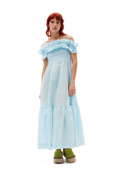 Ganni Ice Water Sleeveless/straps Seersucker Check Smock Maxi Dress Size 16 Elastane/nylon/organic Cotton
