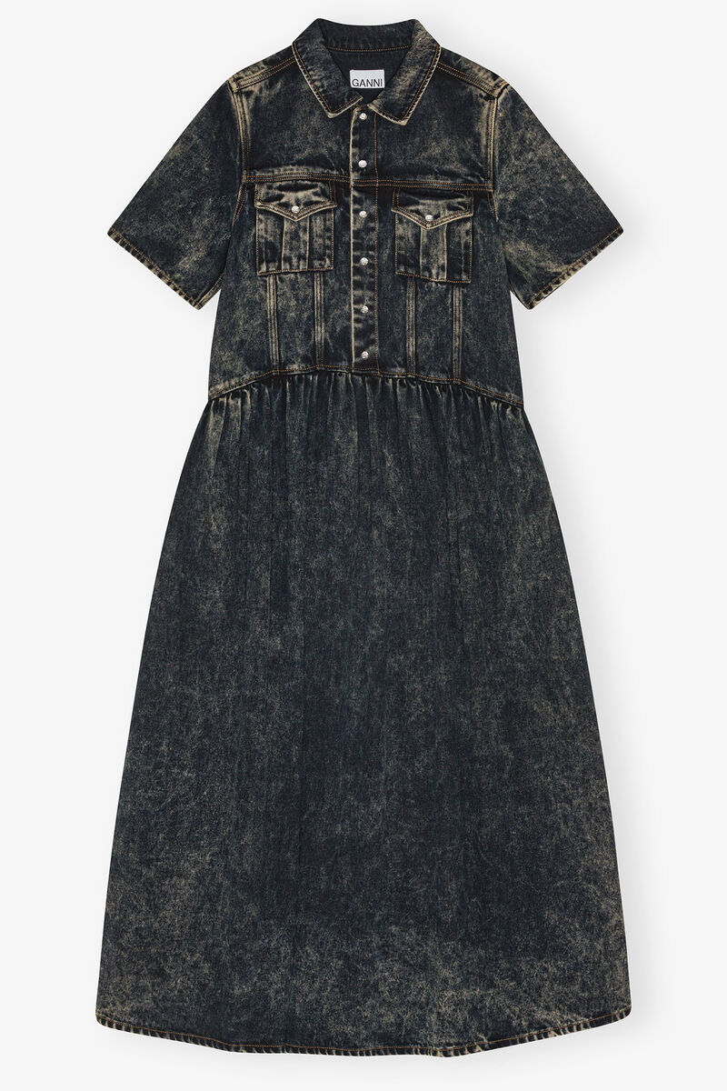 Black Washed Denim Dress, Tencel, in colour Black Washed - 1 - GANNI