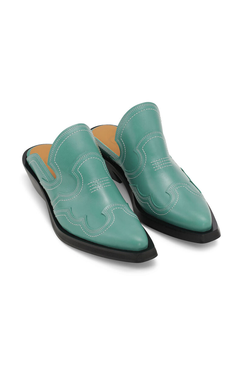 Embroidered Western Mules, Calf Leather, in colour Bottle Green - 3 - GANNI
