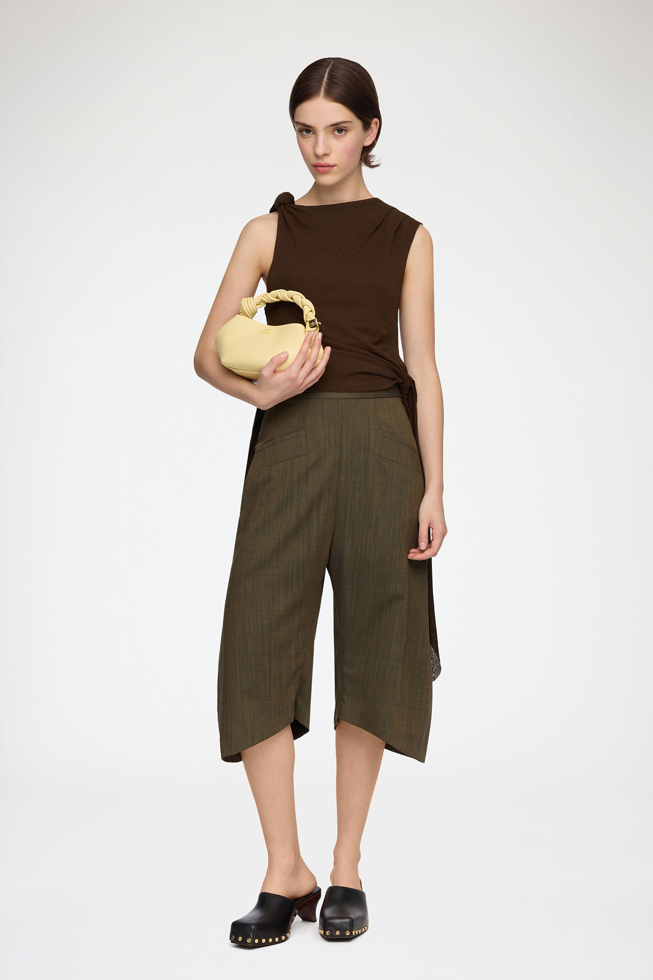 Capri Trousers in Brown Wool Melange, Recycled Wool, in colour Canteen - 1 - GANNI