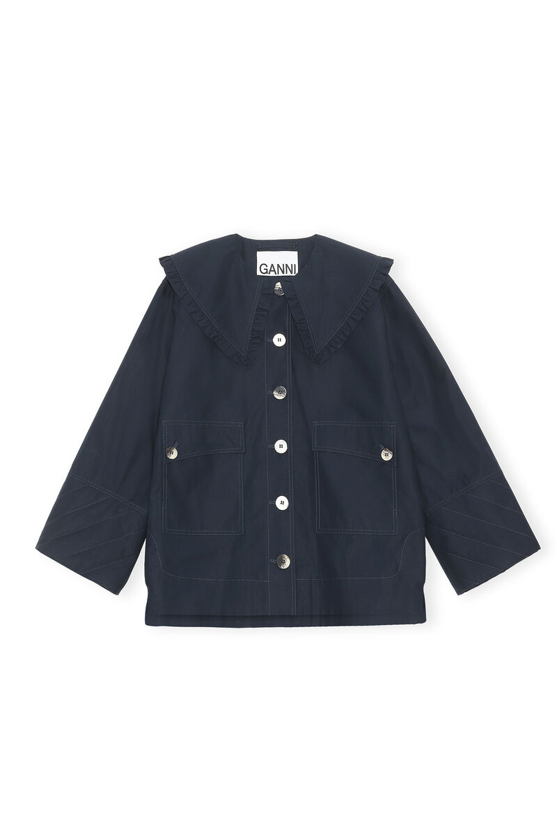 Cotton Canvas Frill Collar Jacket, Linen, in colour Sky Captain - 1 - GANNI