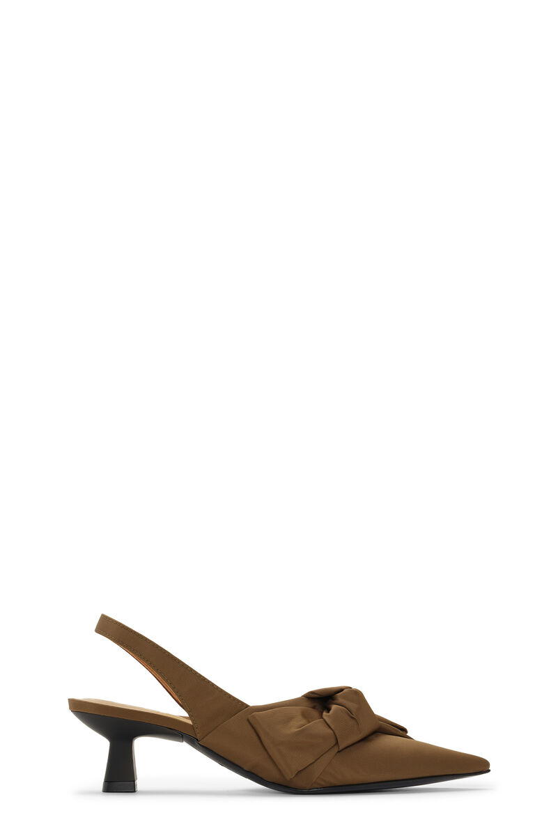 Soft Bow Slingback Pumps, Nylon, in colour Chicory Coffee - 1 - GANNI