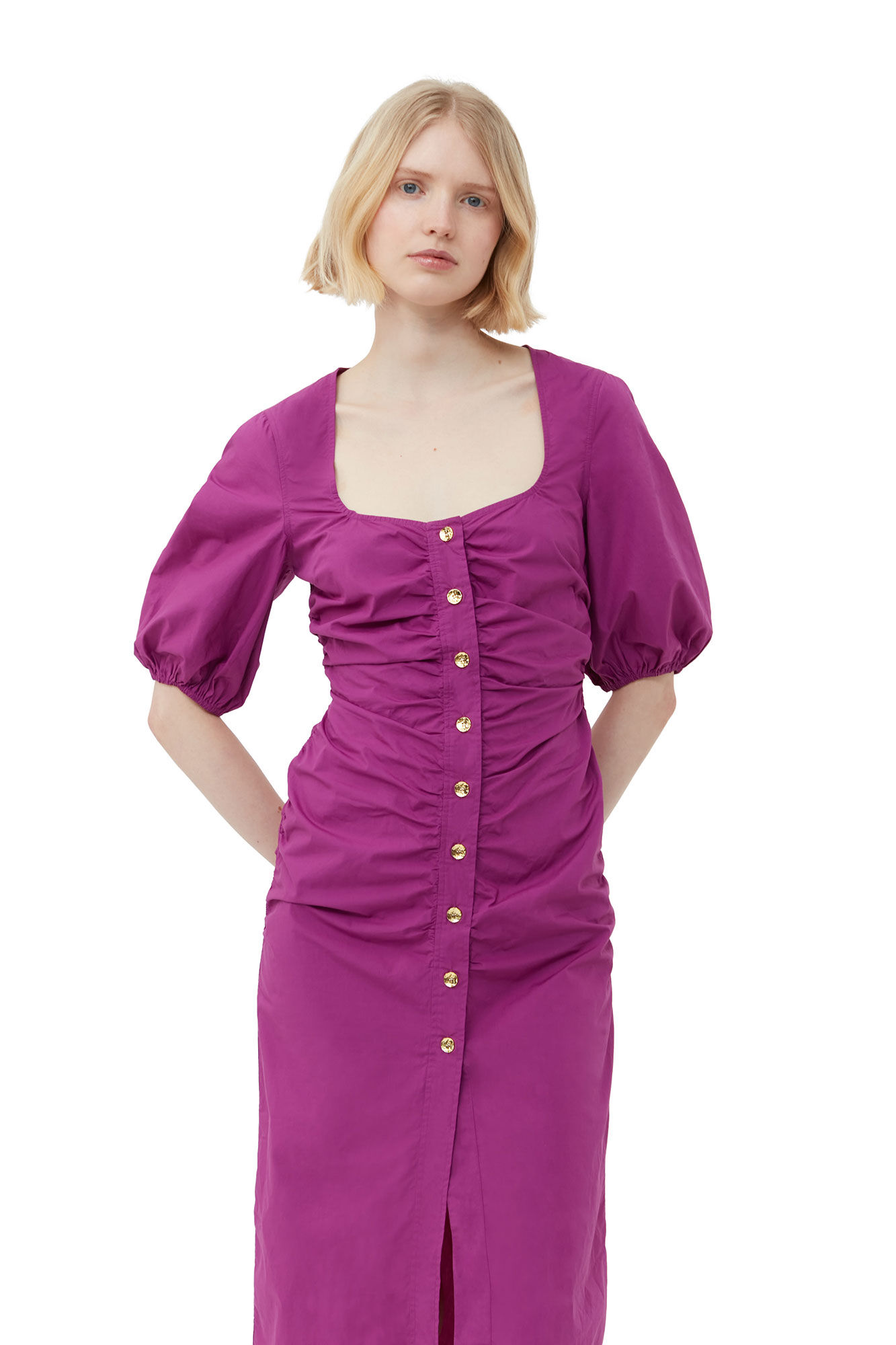 Cotton Poplin Gathered Open-neck Maxikjole, Cotton, in colour Purple Wine - 4 - GANNI