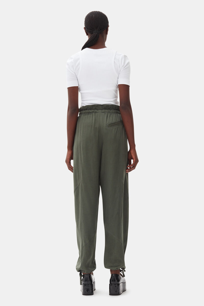 Green Washed Satin Pants, Cupro, in colour Climbing Ivy - 3 - GANNI