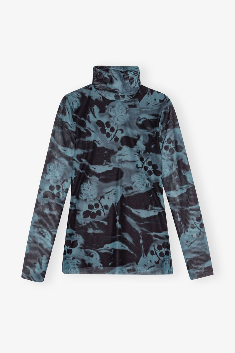 Blue Printed Mesh Long Sleeve Rollneck, Elastane, in colour Blue Shadow - 2 - GANNI
