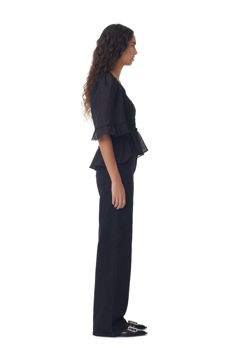 Black Crinkled Georgette Smock Blouse, Recycled Polyester, in colour Black - 4 - GANNI