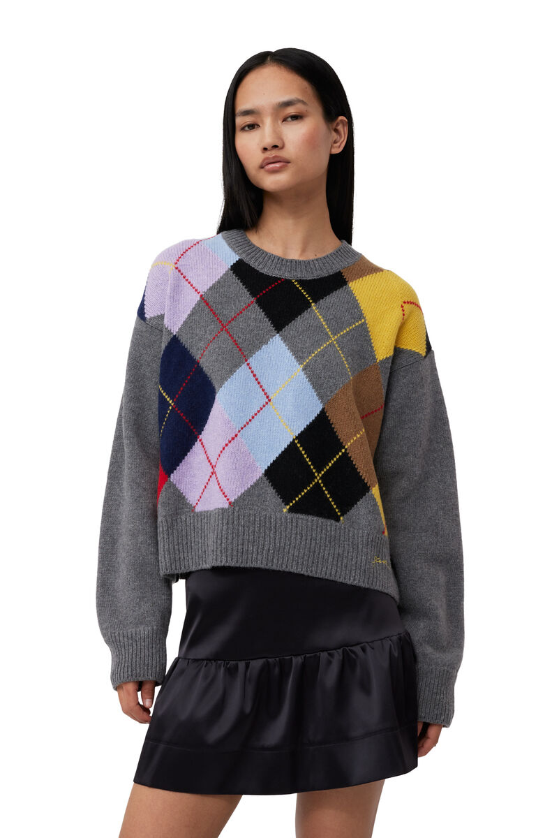 Harlequin Wool Mix Oversized O-neck Pullover, Recycled Polyamide, in colour Frost Gray - 1 - GANNI