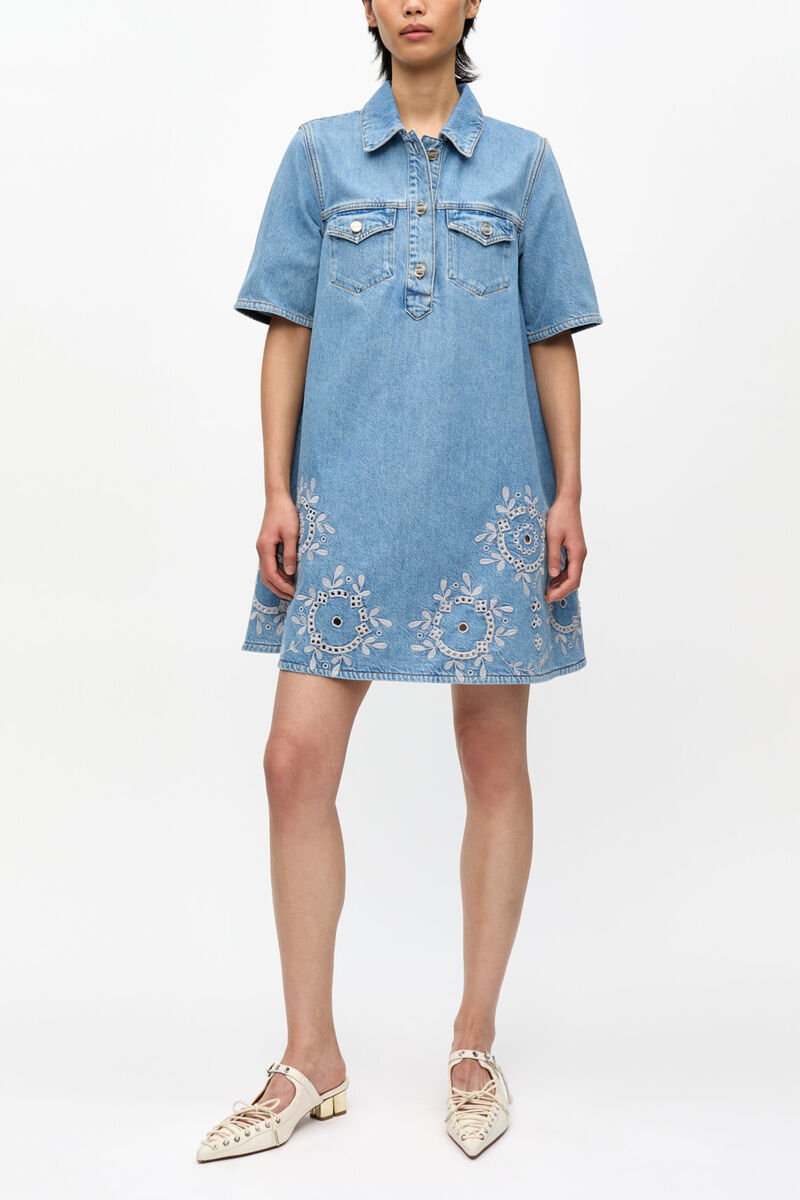 Broderie Anglaise Mini Dress, Organic Cotton, in colour Light Blue Stone - 1 - GANNI