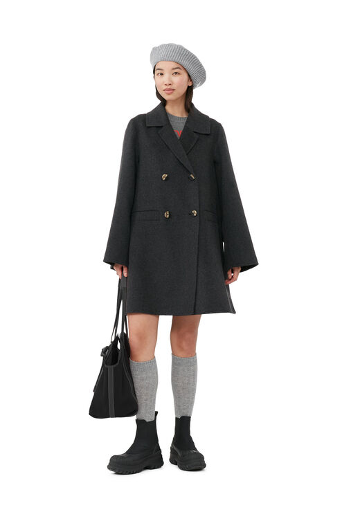 Ganni Long Sleeve Grey Wool Midi Jacket