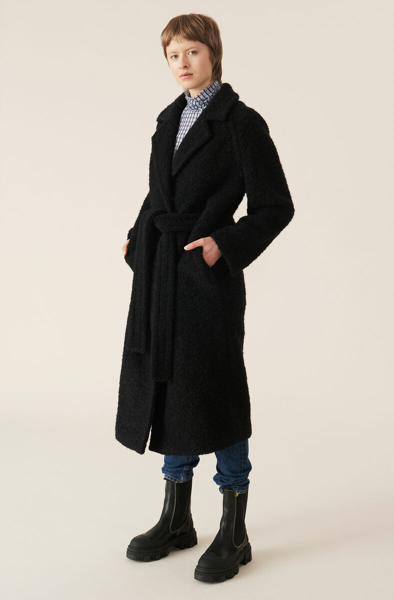 Long manteau portefeuille en laine bouclée, Polyester, in colour Black - 1 - GANNI