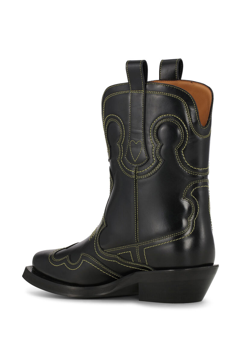 Black/Yellow Low Shaft Embroidered Western Boots, Calf Leather, in colour Black/Yellow - 2 - GANNI